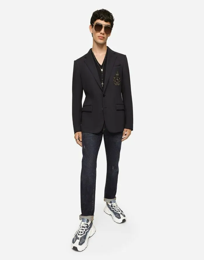 Dolce and Gabbana Suits And Blazers Men Jersey Jacket With Patch Blue Dolce and Gabbana Suits And Blazers Men Jersey Jacket With Patch Blue