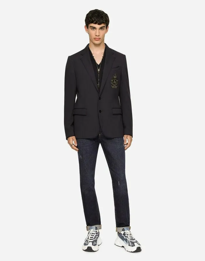 Dolce and Gabbana Suits And Blazers Men Jersey Jacket With Patch Blue Dolce and Gabbana Suits And Blazers Men Jersey Jacket With Patch Blue