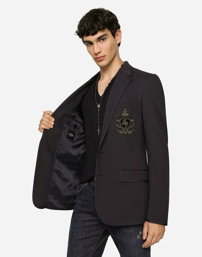 Dolce and Gabbana Suits And Blazers Men Jersey Jacket With Patch Blue Dolce and Gabbana Suits And Blazers Men Jersey Jacket With Patch Blue