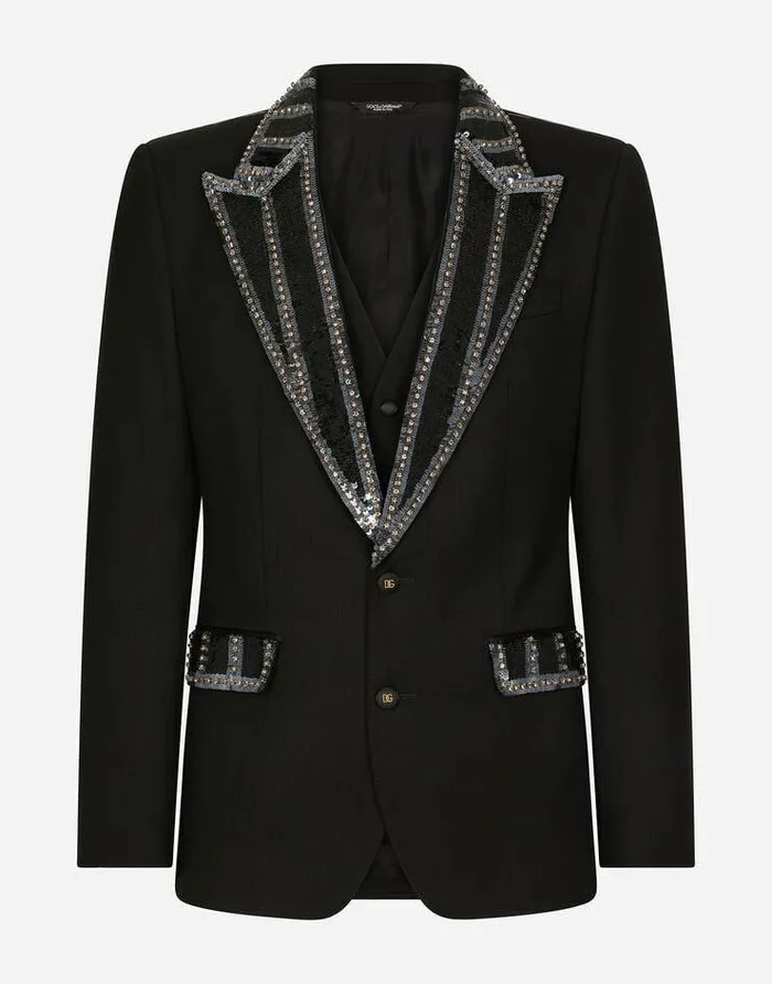 Dolce and Gabbana Suits And Blazers Men Threepiece Stretch Wool Siciliafit Suit With Rhinestones Black Dolce and Gabbana Suits And Blazers Men Threepiece Stretch Wool Siciliafit Suit With Rhinestones Black