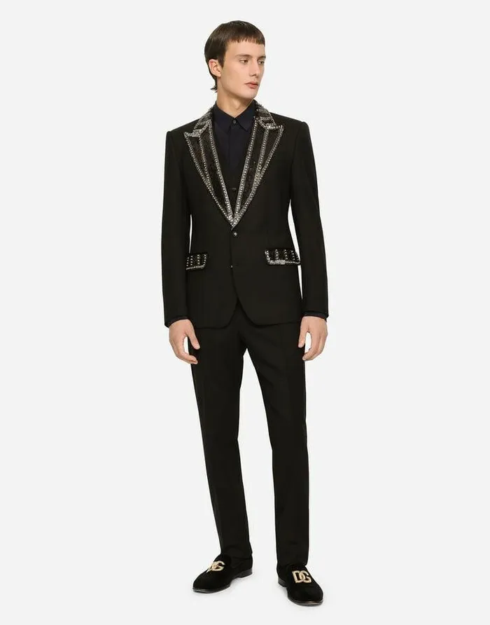 Dolce and Gabbana Suits And Blazers Men Threepiece Stretch Wool Siciliafit Suit With Rhinestones Black