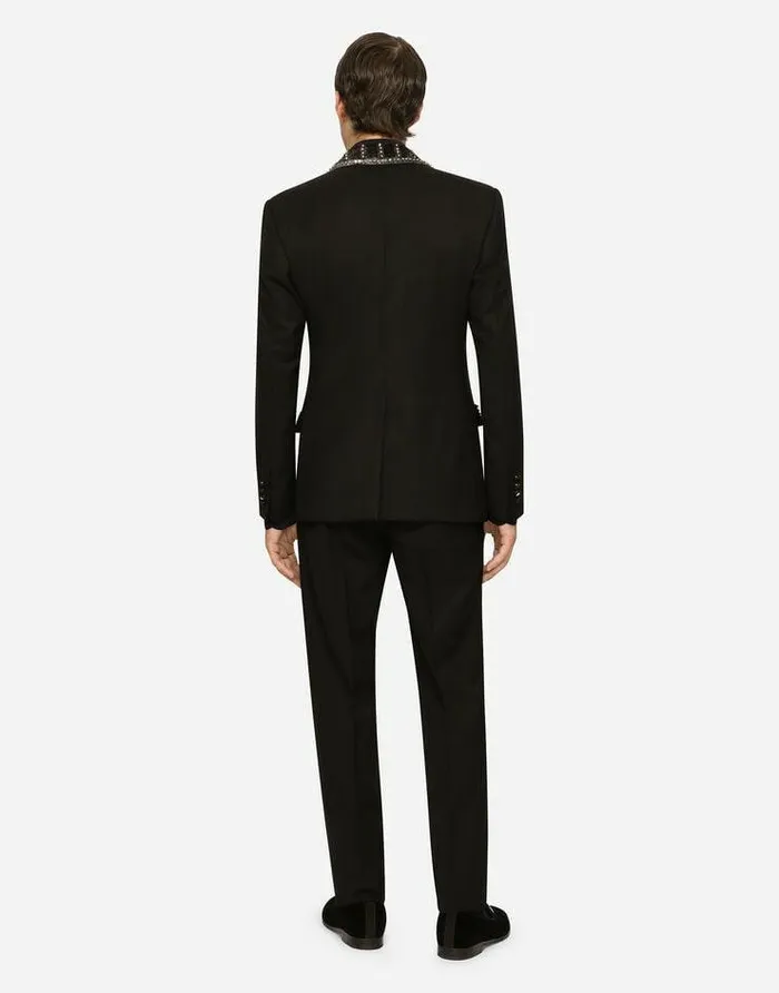 Dolce and Gabbana Suits And Blazers Men Threepiece Stretch Wool Siciliafit Suit With Rhinestones Black