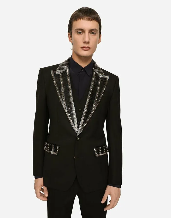 Dolce and Gabbana Suits And Blazers Men Threepiece Stretch Wool Siciliafit Suit With Rhinestones Black
