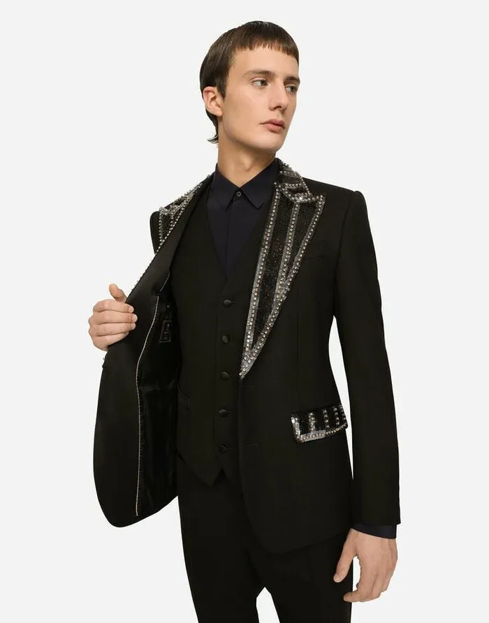 Dolce and Gabbana Suits And Blazers Men Threepiece Stretch Wool Siciliafit Suit With Rhinestones Black