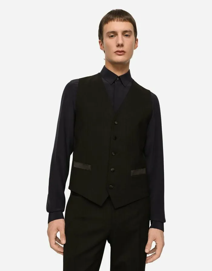 Dolce and Gabbana Suits And Blazers Men Threepiece Stretch Wool Siciliafit Suit With Rhinestones Black