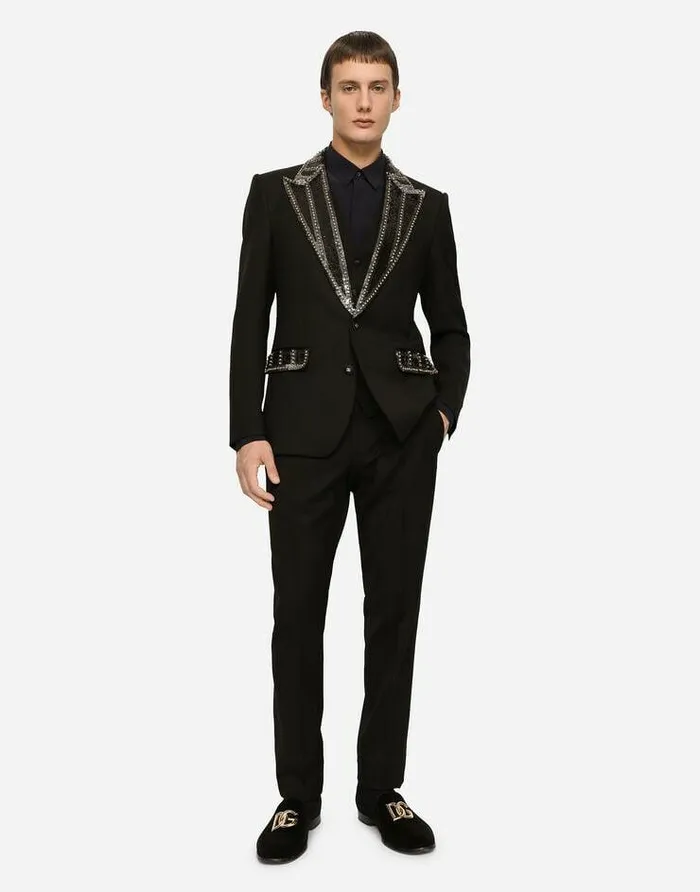 Dolce and Gabbana Suits And Blazers Men Threepiece Stretch Wool Siciliafit Suit With Rhinestones Black