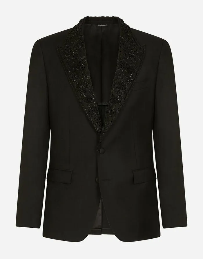 Dolce and Gabbana Suits And Blazers Men Wool Taorminafit Tuxedo Jacket With Embroidery Black Dolce and Gabbana Suits And Blazers Men Wool Taorminafit Tuxedo Jacket With Embroidery Black