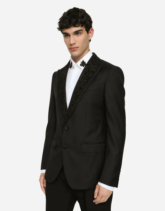 Dolce and Gabbana Suits And Blazers Men Wool Taorminafit Tuxedo Jacket With Embroidery Black Dolce and Gabbana Suits And Blazers Men Wool Taorminafit Tuxedo Jacket With Embroidery Black