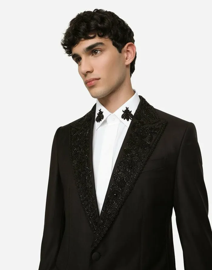 Dolce and Gabbana Suits And Blazers Men Wool Taorminafit Tuxedo Jacket With Embroidery Black Dolce and Gabbana Suits And Blazers Men Wool Taorminafit Tuxedo Jacket With Embroidery Black