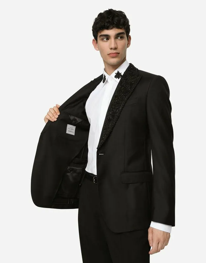 Dolce and Gabbana Suits And Blazers Men Wool Taorminafit Tuxedo Jacket With Embroidery Black Dolce and Gabbana Suits And Blazers Men Wool Taorminafit Tuxedo Jacket With Embroidery Black