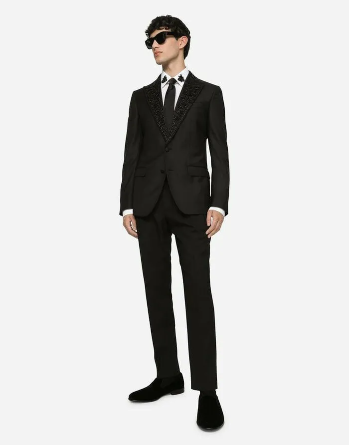Dolce and Gabbana Suits And Blazers Men Wool Taorminafit Tuxedo Jacket With Embroidery Black Dolce and Gabbana Suits And Blazers Men Wool Taorminafit Tuxedo Jacket With Embroidery Black