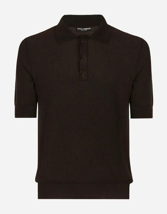 Dolce and Gabbana Sweaters And Cardigans Men Cotton Polo Shirt With Logo Label Brown
