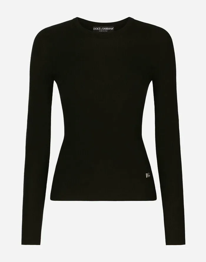 Dolce and Gabbana Sweaters And Cardigans Women Ribbed Cashmere And Silk Sweater With DG Logo Black Dolce and Gabbana Sweaters And Cardigans Women Ribbed Cashmere And Silk Sweater With DG Logo Black