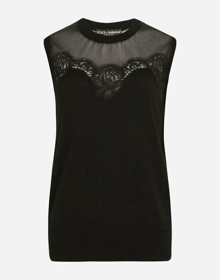 Dolce and Gabbana Sweaters And Cardigans Women Sleeveless Cashmere And Silk Sweater With Lace Black Dolce and Gabbana Sweaters And Cardigans Women Sleeveless Cashmere And Silk Sweater With Lace Black