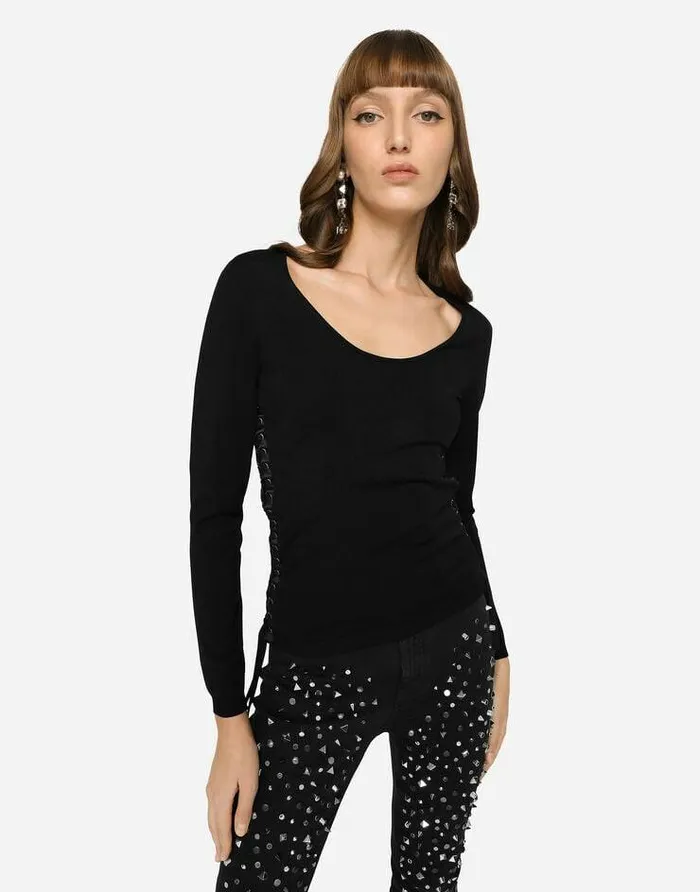 Dolce and Gabbana Sweaters And Cardigans Women Viscose Sweater With Lacing And Eyelets Black Dolce and Gabbana Sweaters And Cardigans Women Viscose Sweater With Lacing And Eyelets Black