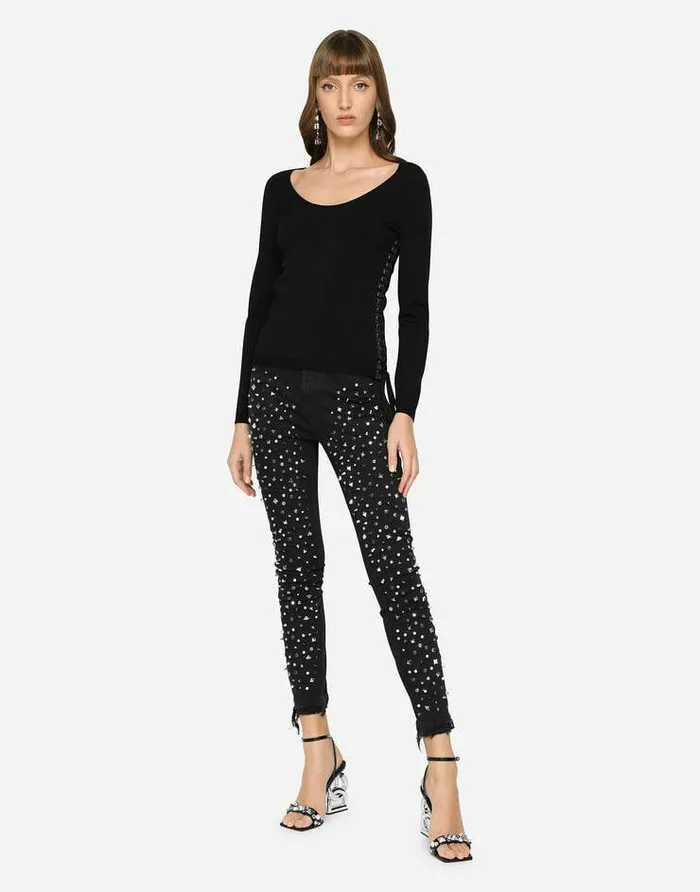 Dolce and Gabbana Sweaters And Cardigans Women Viscose Sweater With Lacing And Eyelets Black Dolce and Gabbana Sweaters And Cardigans Women Viscose Sweater With Lacing And Eyelets Black