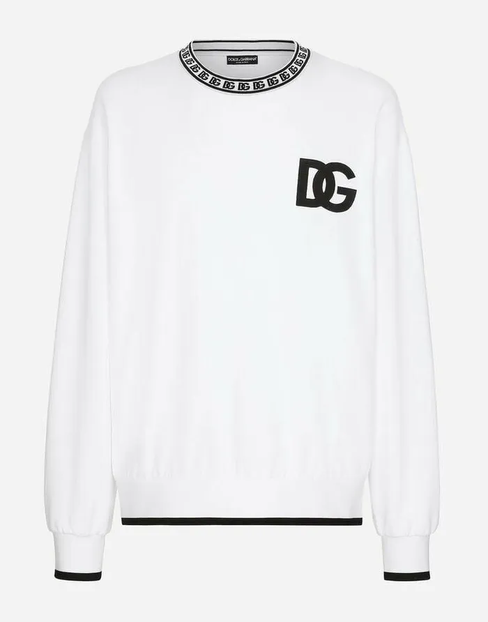 Dolce and Gabbana Sweatshirts Men Jersey Roundneck Sweatshirt With DG Embroidery White Dolce and Gabbana Sweatshirts Men Jersey Roundneck Sweatshirt With DG Embroidery White