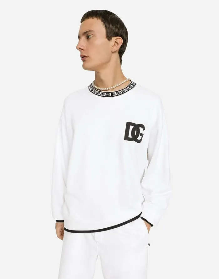 Dolce and Gabbana Sweatshirts Men Jersey Roundneck Sweatshirt With DG Embroidery White Dolce and Gabbana Sweatshirts Men Jersey Roundneck Sweatshirt With DG Embroidery White