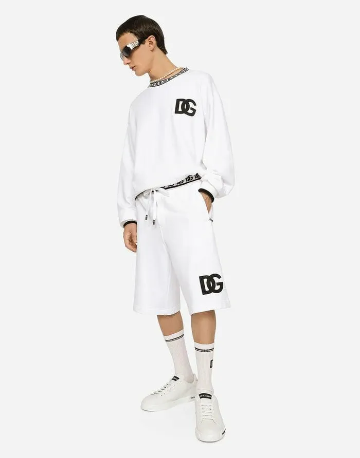 Dolce and Gabbana Sweatshirts Men Jersey Roundneck Sweatshirt With DG Embroidery White Dolce and Gabbana Sweatshirts Men Jersey Roundneck Sweatshirt With DG Embroidery White