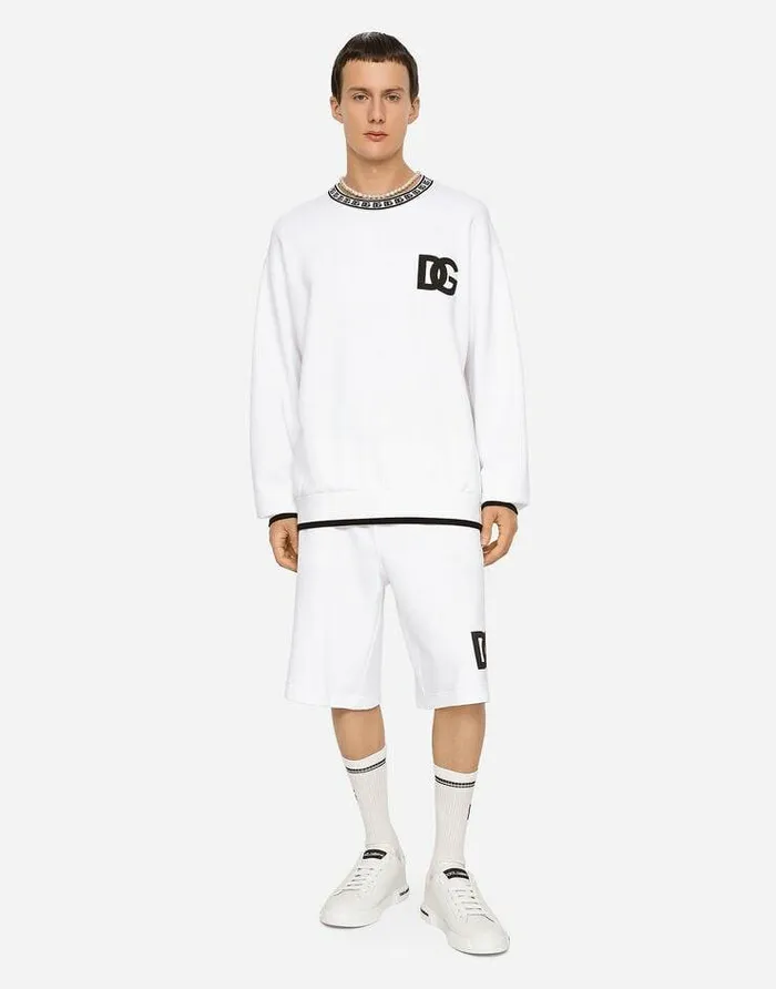 Dolce and Gabbana Sweatshirts Men Jersey Roundneck Sweatshirt With DG Embroidery White Dolce and Gabbana Sweatshirts Men Jersey Roundneck Sweatshirt With DG Embroidery White