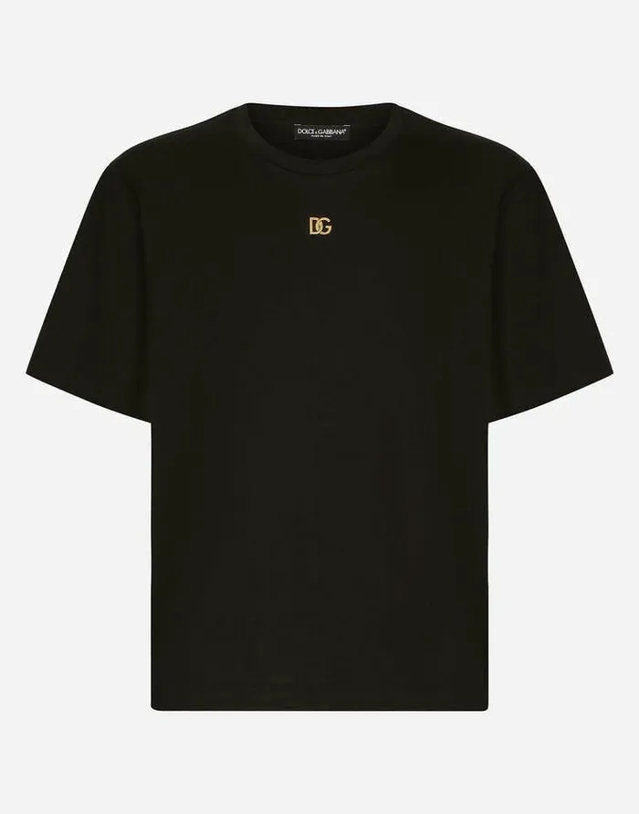 Dolce and Gabbana TShirts And Polos Men Cotton Tshirt With Metallic DG Logo Black Dolce and Gabbana TShirts And Polos Men Cotton Tshirt With Metallic DG Logo Black