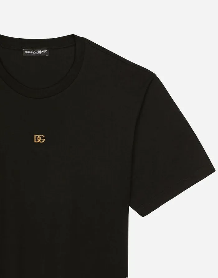 Dolce and Gabbana TShirts And Polos Men Cotton Tshirt With Metallic DG Logo Black Dolce and Gabbana TShirts And Polos Men Cotton Tshirt With Metallic DG Logo Black
