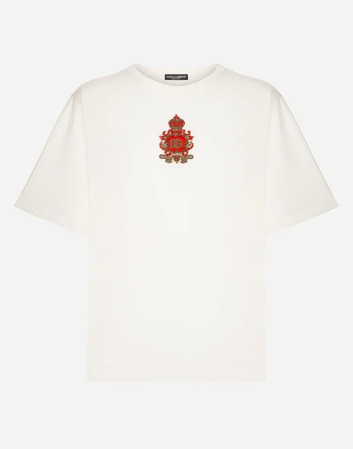 Dolce and Gabbana TShirts And Polos Men Silk Jersey Tshirt With Heraldic DG Patch White Dolce and Gabbana TShirts And Polos Men Silk Jersey Tshirt With Heraldic DG Patch White