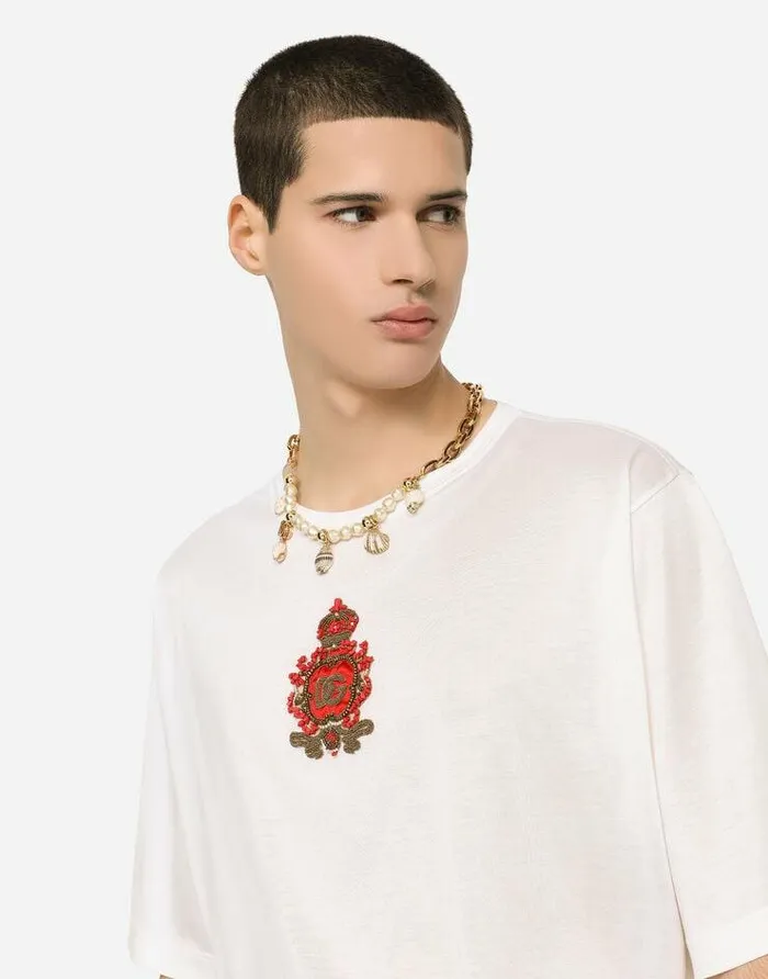 Dolce and Gabbana TShirts And Polos Men Silk Jersey Tshirt With Heraldic DG Patch White Dolce and Gabbana TShirts And Polos Men Silk Jersey Tshirt With Heraldic DG Patch White
