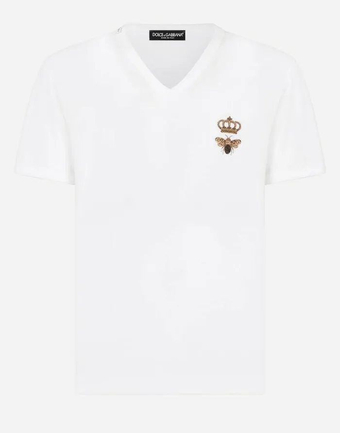 Dolce and Gabbana TShirts And Polos Men Vneck Cotton Tshirt With Bee And Crown Embroidery White Dolce and Gabbana TShirts And Polos Men Vneck Cotton Tshirt With Bee And Crown Embroidery White