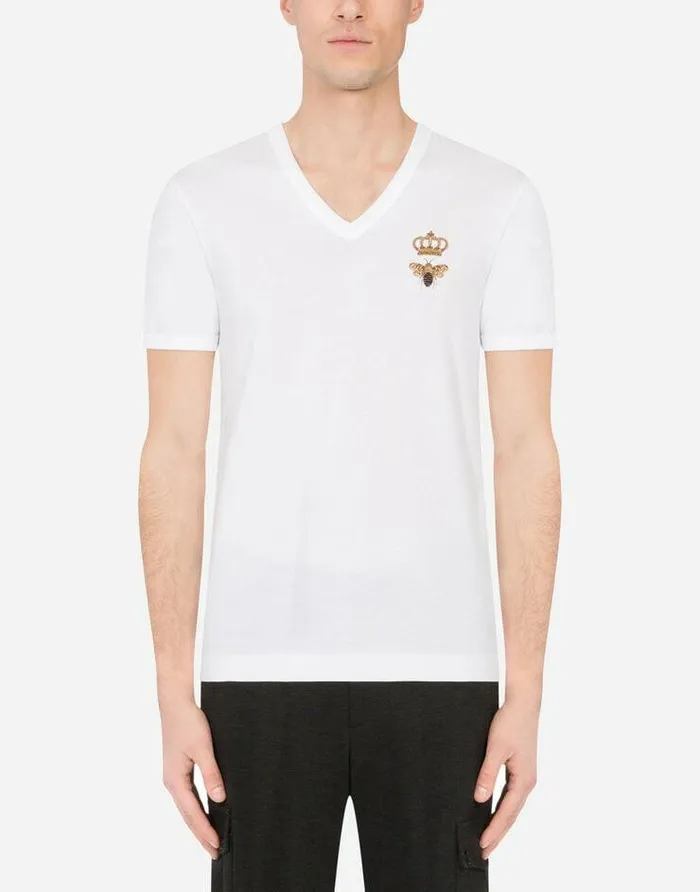 Dolce and Gabbana TShirts And Polos Men Vneck Cotton Tshirt With Bee And Crown Embroidery White Dolce and Gabbana TShirts And Polos Men Vneck Cotton Tshirt With Bee And Crown Embroidery White