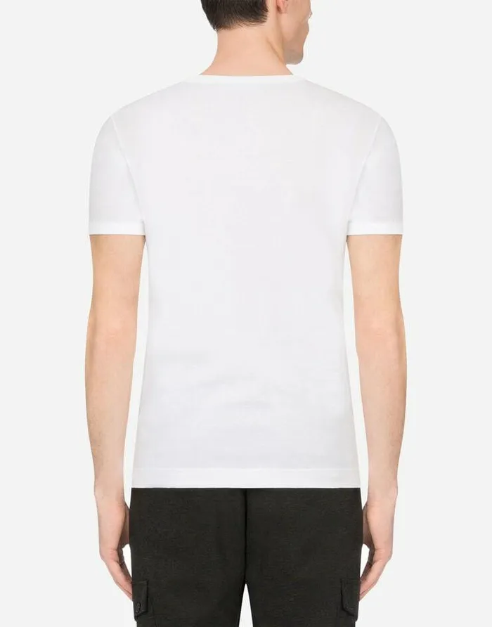 Dolce and Gabbana TShirts And Polos Men Vneck Cotton Tshirt With Bee And Crown Embroidery White Dolce and Gabbana TShirts And Polos Men Vneck Cotton Tshirt With Bee And Crown Embroidery White