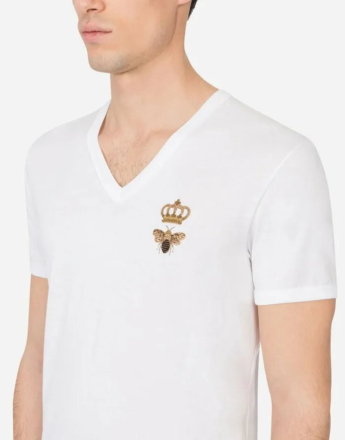 Dolce and Gabbana TShirts And Polos Men Vneck Cotton Tshirt With Bee And Crown Embroidery White Dolce and Gabbana TShirts And Polos Men Vneck Cotton Tshirt With Bee And Crown Embroidery White