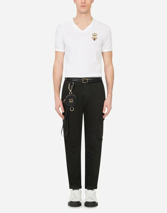 Dolce and Gabbana TShirts And Polos Men Vneck Cotton Tshirt With Bee And Crown Embroidery White Dolce and Gabbana TShirts And Polos Men Vneck Cotton Tshirt With Bee And Crown Embroidery White
