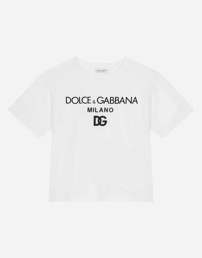 Dolce and Gabbana TShirts And Sweatshirts Children Jersey Roundneck Tshirt With DG Milano Embroidery White Dolce and Gabbana TShirts And Sweatshirts Children Jersey Roundneck Tshirt With DG Milano Embroidery White