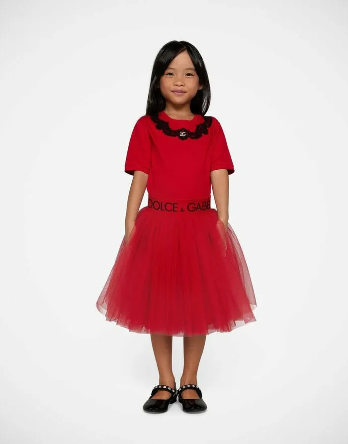 Dolce and Gabbana TShirts And Sweatshirts Children Jersey Tshirt With Lace Insert Red Dolce and Gabbana TShirts And Sweatshirts Children Jersey Tshirt With Lace Insert Red