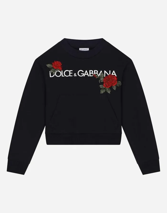 Dolce and Gabbana TShirts And Sweatshirts Children Roundneck Sweatshirt With Logo Print And Rose Patch Blue Dolce and Gabbana TShirts And Sweatshirts Children Roundneck Sweatshirt With Logo Print And Rose Patch Blue