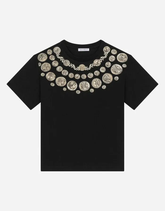 Dolce and Gabbana TShirts And Sweatshirts Children Shortsleeved Jersey Tshirt With Coin Print Black Dolce and Gabbana TShirts And Sweatshirts Children Shortsleeved Jersey Tshirt With Coin Print Black
