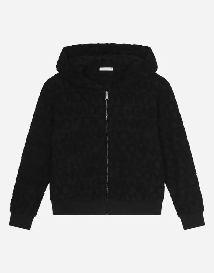 Dolce and Gabbana TShirts And Sweatshirts Children Zipup Hoodie With Jacquard Logo Black Dolce and Gabbana TShirts And Sweatshirts Children Zipup Hoodie With Jacquard Logo Black