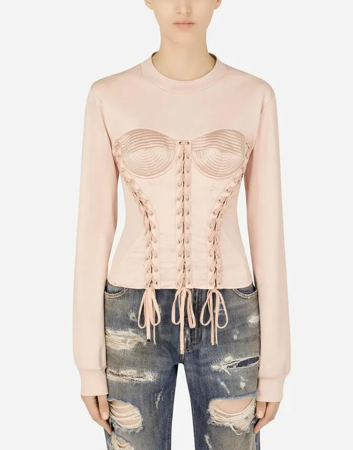 Dolce and Gabbana TShirts And Sweatshirts Women Satin And Interlock Sweatshirt With Laces And Eyelets Pink Dolce and Gabbana TShirts And Sweatshirts Women Satin And Interlock Sweatshirt With Laces And Eyelets Pink