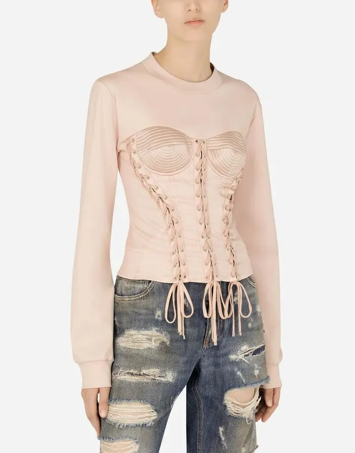 Dolce and Gabbana TShirts And Sweatshirts Women Satin And Interlock Sweatshirt With Laces And Eyelets Pink Dolce and Gabbana TShirts And Sweatshirts Women Satin And Interlock Sweatshirt With Laces And Eyelets Pink