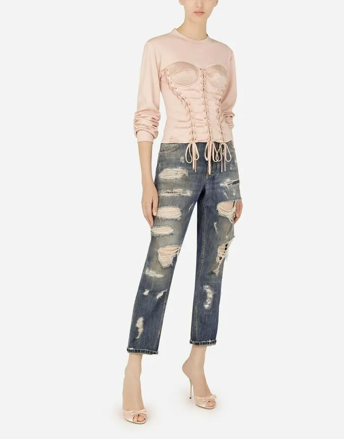 Dolce and Gabbana TShirts And Sweatshirts Women Satin And Interlock Sweatshirt With Laces And Eyelets Pink Dolce and Gabbana TShirts And Sweatshirts Women Satin And Interlock Sweatshirt With Laces And Eyelets Pink