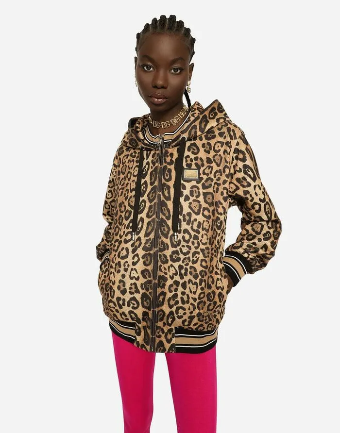 Dolce and Gabbana TShirts And Sweatshirts Women Zipup Jersey Hoodie With Leopard Print Multicolor Dolce and Gabbana TShirts And Sweatshirts Women Zipup Jersey Hoodie With Leopard Print Multicolor