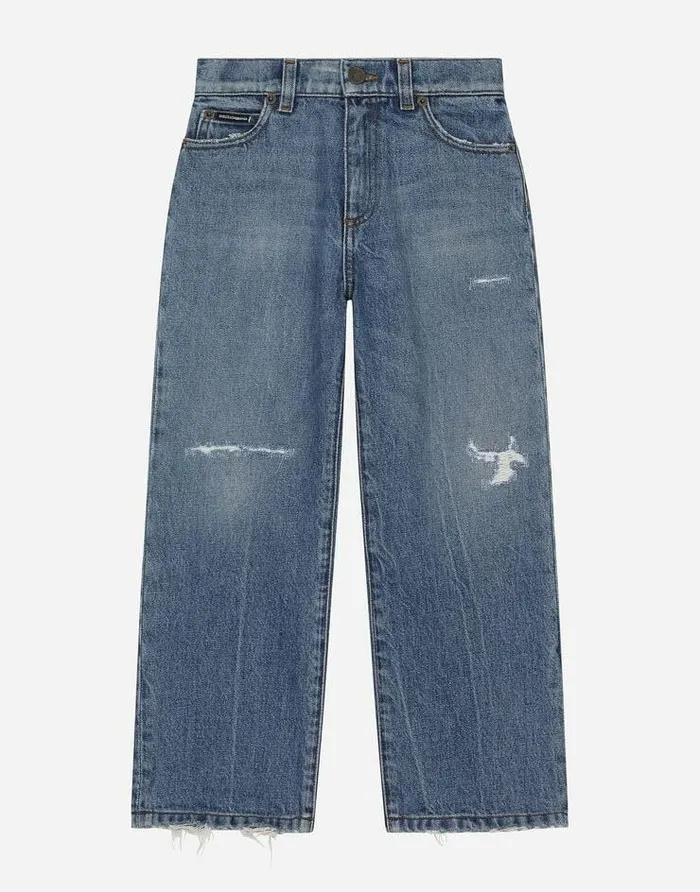 Dolce and Gabbana Trousers And Shorts Children 5pocket Treated Denim Jeans With Logo Tag Blue Dolce and Gabbana Trousers And Shorts Children 5pocket Treated Denim Jeans With Logo Tag Blue
