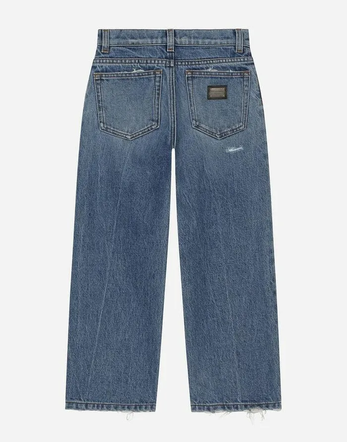 Dolce and Gabbana Trousers And Shorts Children 5pocket Treated Denim Jeans With Logo Tag Blue Dolce and Gabbana Trousers And Shorts Children 5pocket Treated Denim Jeans With Logo Tag Blue