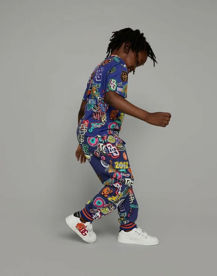 Dolce and Gabbana Trousers And Shorts Children Cotton Jogging Pants With Stickers Print Blue Dolce and Gabbana Trousers And Shorts Children Cotton Jogging Pants With Stickers Print Blue