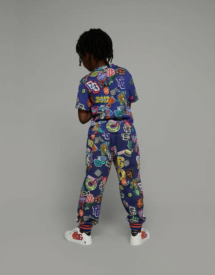 Dolce and Gabbana Trousers And Shorts Children Cotton Jogging Pants With Stickers Print Blue Dolce and Gabbana Trousers And Shorts Children Cotton Jogging Pants With Stickers Print Blue