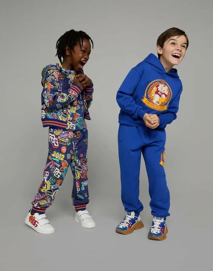 Dolce and Gabbana Trousers And Shorts Children Cotton Jogging Pants With Stickers Print Blue Dolce and Gabbana Trousers And Shorts Children Cotton Jogging Pants With Stickers Print Blue