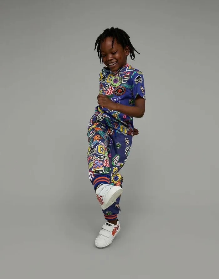 Dolce and Gabbana Trousers And Shorts Children Cotton Jogging Pants With Stickers Print Blue Dolce and Gabbana Trousers And Shorts Children Cotton Jogging Pants With Stickers Print Blue