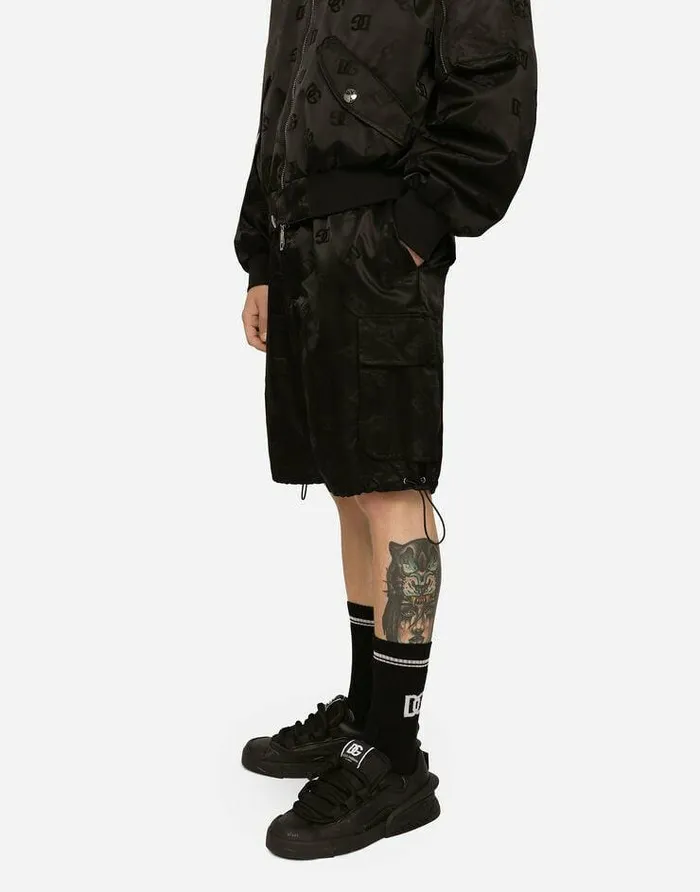 Dolce and Gabbana Trousers And Shorts Men Satin Jacquard Cargo Shorts With DG Monogram Detail Black
