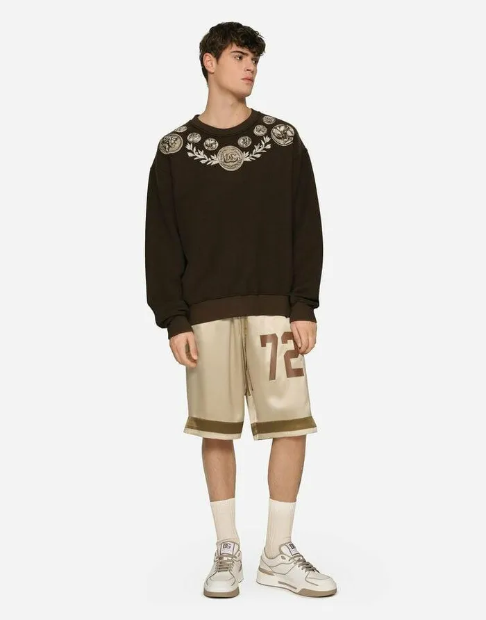 Dolce and Gabbana Trousers And Shorts Men Silk Bermuda Jogging Shorts With Logo Print And Appliqu Multicolor Dolce and Gabbana Trousers And Shorts Men Silk Bermuda Jogging Shorts With Logo Print And Appliqu Multicolor